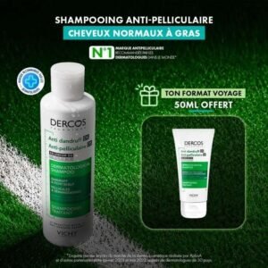 Vichy Dercos Shampoing Traitant Anti-Pelliculaire Cheveux Gras | 200ml = 1 Shampooing miniature Offert Maroc