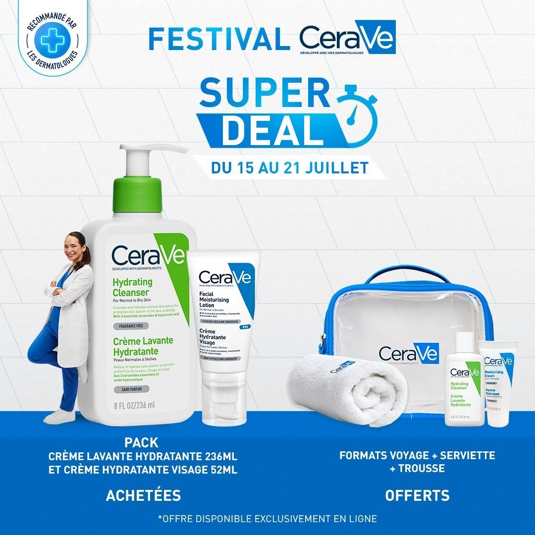 CeraVe Super Deal Crème Lavante Hydratante – 236ml + Crème Hydratante Visage – 52ml Maroc